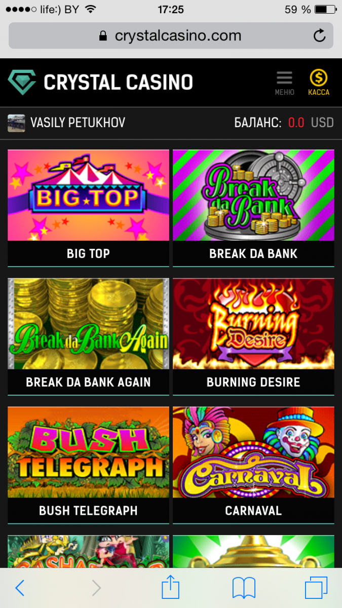 Главное лобби онлайн казино Кристалл на мобильном iphone